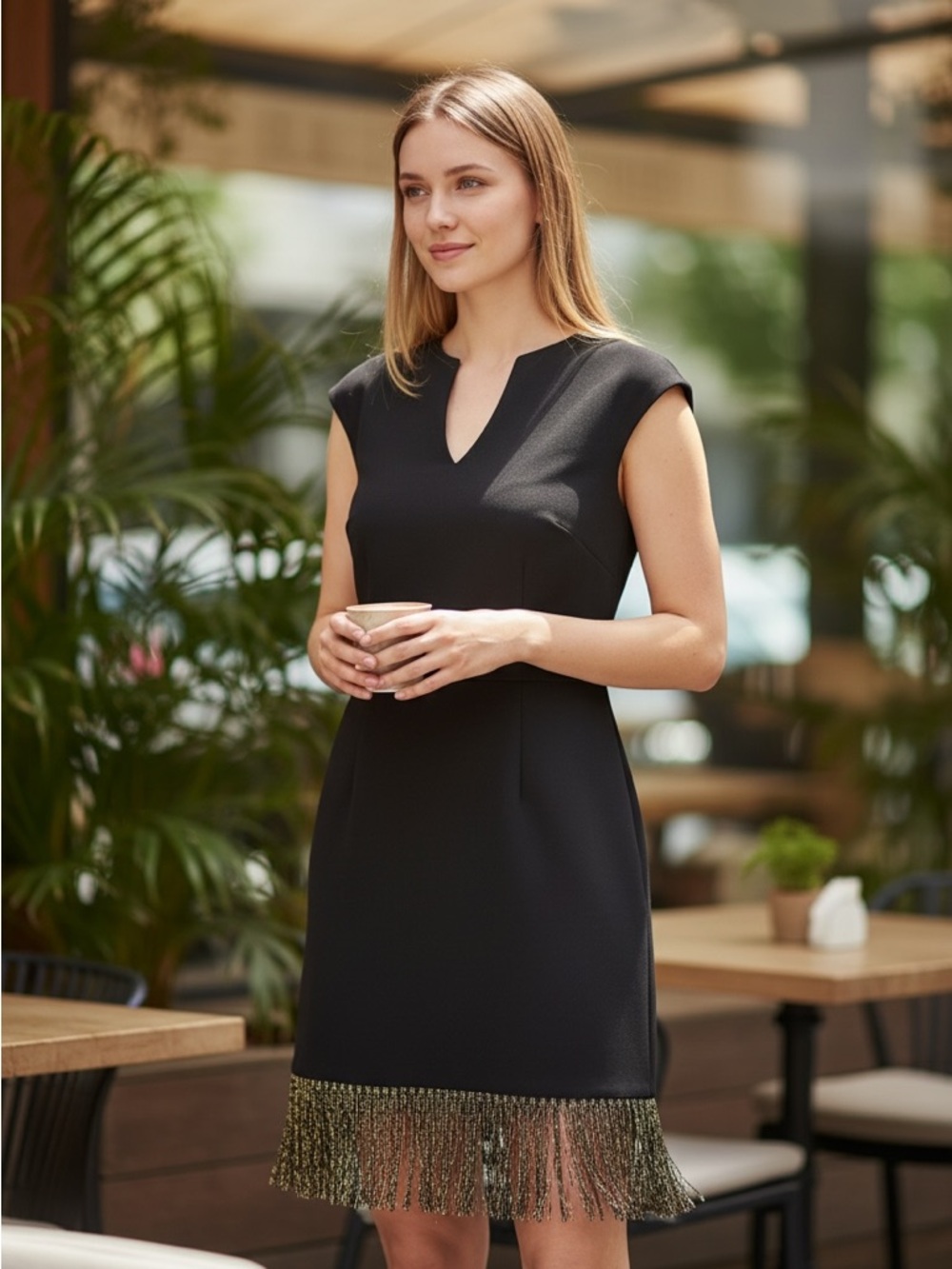Trina Turk Black Sleeveless Mini Dress with Gold Fringe
